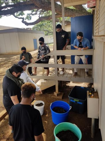Campuspos (far right) and his students examine their classs compost. 